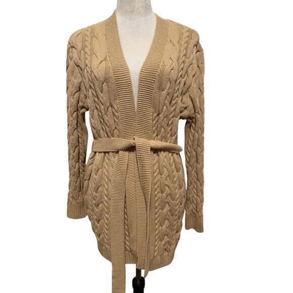 Evereve Sweater Women's Medium Cable Knit Belted Cardigan Open Front Fall - Picture 1 of 16